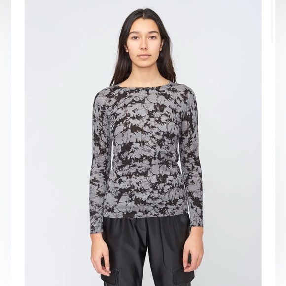 Kokun Grey Marble Print Fitted Crew Size Small Bamboo‎ Cashmere Top - Picture 1 of 7